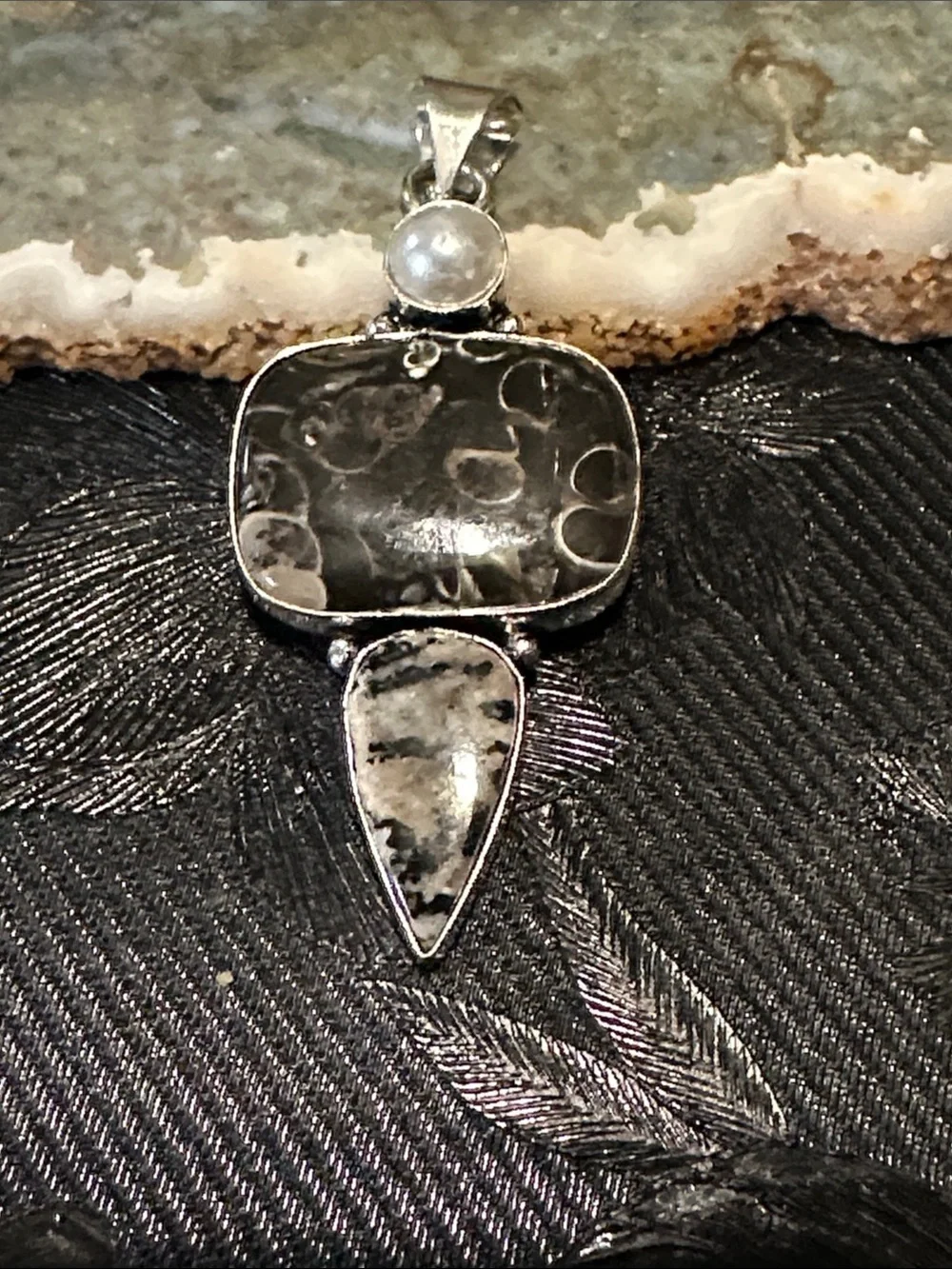 Artisan Black and White Jasper Pendant with Pearl Accent
